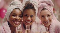 Diverse women enjoying spa day with champagne, wearing bath towels on heads and robes, celebrating with bright smiles against pink background.