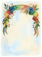 Watercolor Christmas banner frame with holly, berries, ribbon, and golden stars, offering copy space for holiday greetings and festive designs.