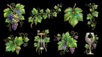 Grape vine branches with purple grapes and green leaves isolated on transparent background. Ready for t-shirt design, clipart, stickers, print-on-demand products, and sublimation projects.