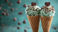 Mint chocolate chip ice cream scoops in waffle cones decorated with chocolate hearts and sprinkles against turquoise background with scattered chocolate chips.