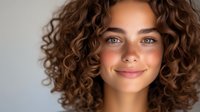 Young woman with natural curly brown hair and bright blue eyes smiling against neutral background, showcasing healthy skin and natural beauty.