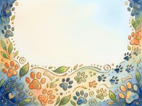 Colorful paw prints and botanical elements frame a blank center space with decorative swirls and leaves in warm and cool tones, ideal for pet-related designs, greeting cards, and animal-themed backgrounds.