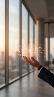 Businessperson holding glowing digital network icons above palm against modern office window with cityscape view at sunset, representing connectivity and innovation.