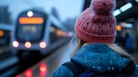 Young woman in pink knit beanie waiting at train station platform on snowy winter evening, with approaching train and bokeh lights creating atmospheric scene.