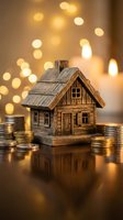 Wooden house model surrounded by golden coins with warm bokeh lights creating cozy atmosphere for real estate investment and savings concept.
