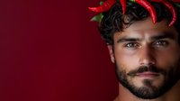Young Mediterranean man with beard and dark curly hair wearing red chili pepper crown against burgundy background, dramatic portrait lighting creates artistic mood.