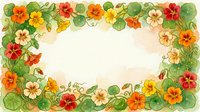 Watercolor nasturtium floral frame with orange, red and yellow blooms and green leaves, forming a border with copy space in center.