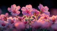Pink and purple wildflowers blooming at sunset with soft bokeh background, delicate petals and stems creating dreamy natural garden atmosphere in spring season.