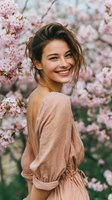 Young woman with radiant smile looking over shoulder amid blooming cherry trees, wearing light peach dress during spring season.