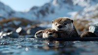Sea otters floating peacefully in cold mountain water, close-up view showing furry faces and whiskers against snowy peaks in background, wildlife photography.