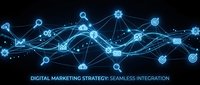 Digital marketing strategy concept with interconnected glowing nodes and network lines representing seamless data integration and business connectivity on dark background.