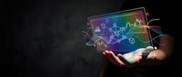 Hands presenting holographic financial data visualization with colorful charts and graphs floating above palms against dark background for business analytics.