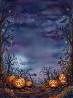 Halloween night scene with glowing jack-o-lanterns, spooky trees, bats and starry purple sky. Autumn holiday background for seasonal decorations.