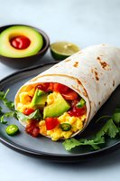 Breakfast burrito with scrambled eggs, avocado, peppers and salsa served on dark plate with fresh cilantro and lime for healthy morning meal.