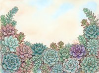 Watercolor succulents arrangement with pastel blue, purple and green tones, forming a decorative border with copy space for text.