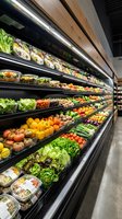 Modern grocery store produce section with fresh vegetables and fruits displayed in refrigerated cases with LED lighting for healthy shopping experience.