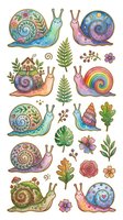 Whimsical snails with spiral shells in pastel colors, surrounded by botanical elements including ferns, flowers, and decorative leaves on isolated white background. Suitable for clipart, stickers, t-shirt designs, and craft projects.
