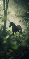 Silhouetted unicorn standing in misty forest surrounded by lush green foliage and tall trees, creating a magical woodland scene for fantasy and fairytale projects.