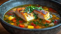 Grilled fish fillet with herbs in colorful vegetable broth with corn, peppers and fresh parsley in rustic ceramic bowl for healthy dining and gourmet cuisine.