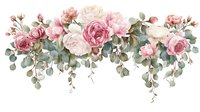 Romantic floral arrangement with pink and white roses, delicate buds, and cascading eucalyptus leaves on white background, ready for wedding stationery and design projects.