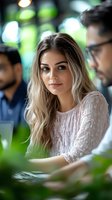 Young blonde woman in white sweater smiling during business meeting with colleagues in modern office environment for corporate teamwork concepts.