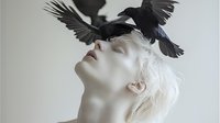 Ethereal portrait with black ravens in flight around pale figure with platinum hair tilted upward against light background, creating dramatic contrast and mood.