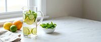 Fresh cucumber mint infused water in glass pitcher on marble kitchen counter with citrus fruits and herbs for healthy hydration and detox lifestyle.