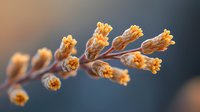 Delicate yellow wildflower buds on branch captured in soft morning light against blurred dark background, showing intricate natural details and textures.
