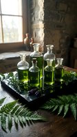 Collection of green herbal essential oils and extracts in glass bottles on wooden tray with fresh fern leaves in rustic stone cottage interior.