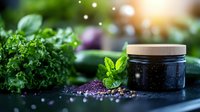 Black glass jar with wooden lid on dark surface surrounded by fresh herbs, spices and vegetables in soft natural lighting with bokeh effect.