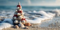 Christmas tree made of seashells and coral on sandy beach with ocean waves, perfect for holiday travel concepts and coastal celebrations.