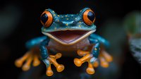 Vibrant blue and orange tree frog with large protruding eyes smiling at camera against dark background, macro photography showing detailed amphibian texture.