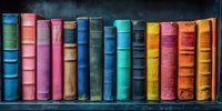 Row of vintage hardcover books arranged on wooden shelf showing colorful spines in blue, pink, purple, turquoise, yellow and orange creating rainbow pattern panorama.