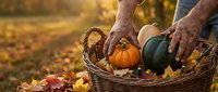 Elderly hands placing fresh pumpkins and autumn vegetables in wicker basket during golden hour harvest time in countryside garden setting.