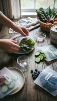 Hands preparing fresh leafy greens on wooden table with cucumber slices, blueberries, and storage containers for meal prep and healthy eating.