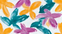 Vibrant floral pattern with pink, teal and orange brush stroke flowers scattered on white background creates modern artistic design for fabric and wallpaper.