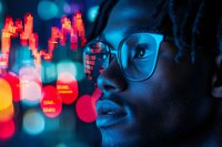 Young African American man in glasses illuminated by vibrant neon city lights reflecting in lens, profile view against blurred bokeh background showing stock market data visualization.