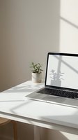 Minimalist home office workspace with laptop computer and small potted plant on white desk with natural window light shadows creating calm productive atmosphere.