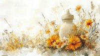 Yellow coreopsis flowers and vintage milk bottle in soft watercolor style composition against light background, romantic floral arrangement.