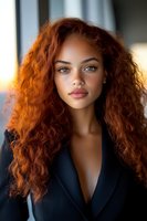 Young woman with vibrant copper curly hair wearing black blazer, natural makeup and confident expression in soft window lighting, looking directly at camera.