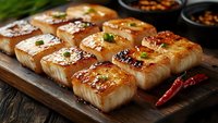 Golden grilled tofu cubes with sesame seeds and herbs on wooden board, Asian cuisine appetizer with chili pepper and dipping sauce bowls for healthy cooking.
