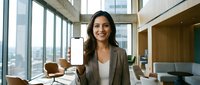 Young South Asian businesswoman in blazer showing smartphone with blank white screen in modern office, mockup ready for app or website display.