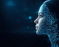 Profile view of a digital female face with glowing circuit patterns emerging from skin against dark background, representing artificial intelligence technology.