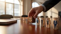Business professional selecting wooden figure from row representing recruitment, leadership choice, team building and human resources management in office.