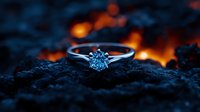 Elegant diamond engagement ring with sparkling solitaire stone on dark textured surface with warm bokeh lights creating romantic atmosphere for proposals.