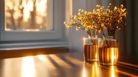 Dried flowers in glass vases on wooden table with warm sunset light streaming through window creating long shadows and golden atmosphere. Cozy home interior.