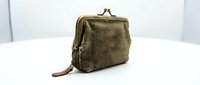 Vintage olive-green coin purse with metal clasp and wrist strap, isolated on white background, ready for design projects and product mockups.