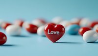 Red heart-shaped candy with love text among white pills on blue background, shallow depth of field, romantic medical concept for healing power of love.