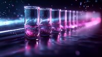 Row of shot glasses with glowing pink liquid on reflective surface against dark background with magical sparkles and neon lighting effects creates mystical atmosphere.