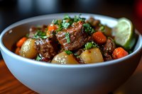 Hearty beef stew with tender meat chunks, carrots, potatoes and fresh herbs served in white ceramic bowl, garnished with lime wedge and cilantro.
